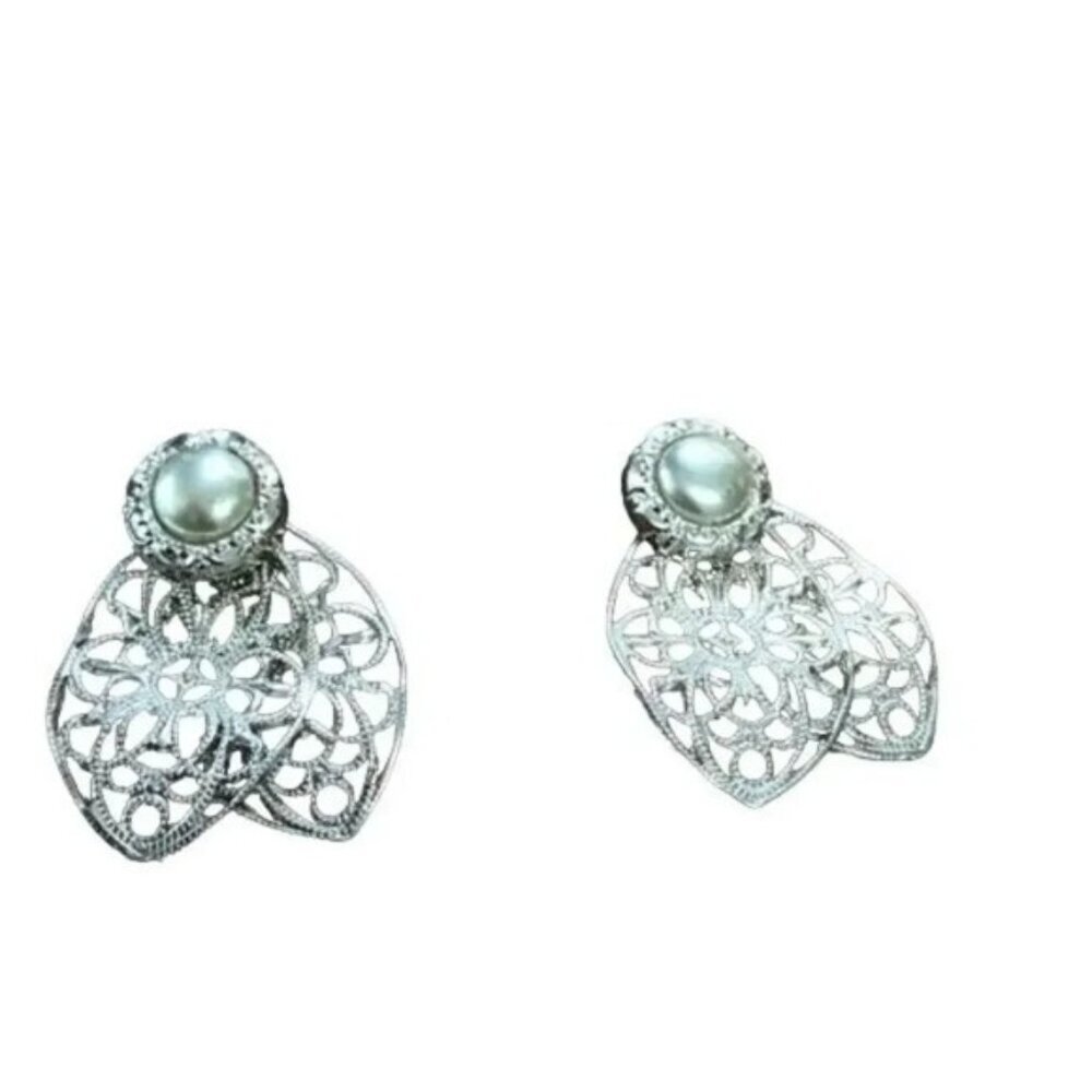 Vintage Style Clip On Earrings Silver Tone Filigree‎ Faux Pearl Dangle